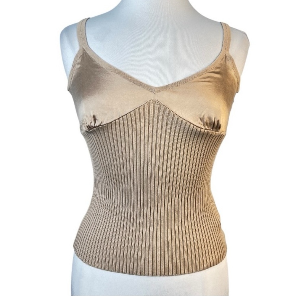 Vintage BEBE Stretch Silk Ribbed Knit & Satin Camisole Tank Sweater Nude Camel
